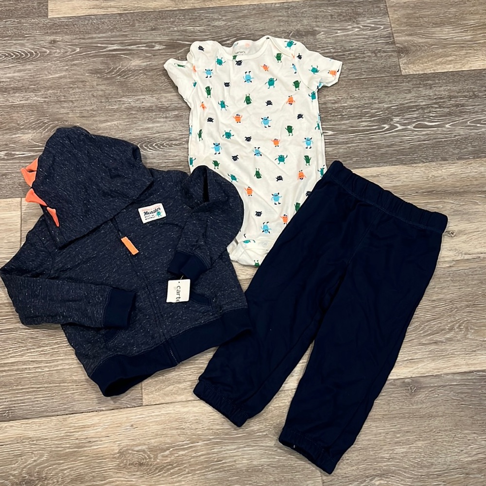 Carter’s 24months monster onesie hoodie sweatpants set NWT